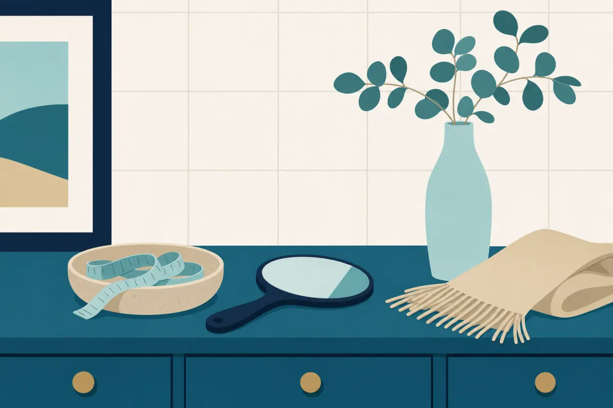 Illustration af en kommode med et målebånd i en skål, et håndspejl, en vase med eukalyptus og et halstørklæde