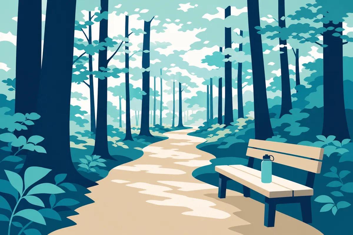 Illustration af en skovsti i bøgeskov med en bænk og en vandflaske